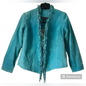 NWT Y2K 'Dialogue' Boho Retro Baby Blue Suede Leather Fringe Jacket Size XS